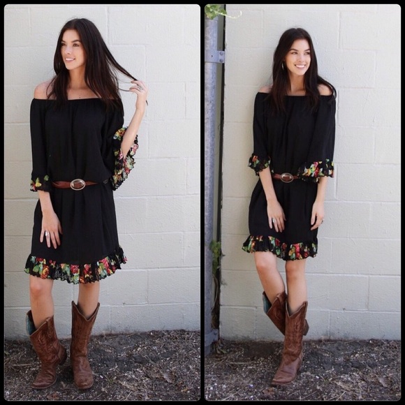 Black Floral Trim Boho Dress - Picture 2 of 3